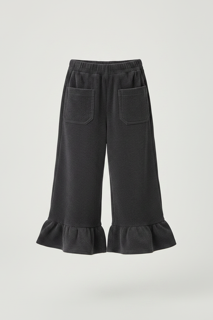 Pantalon Velours Côtelé Ample Volants Fille - Gris Cordé - vue 3