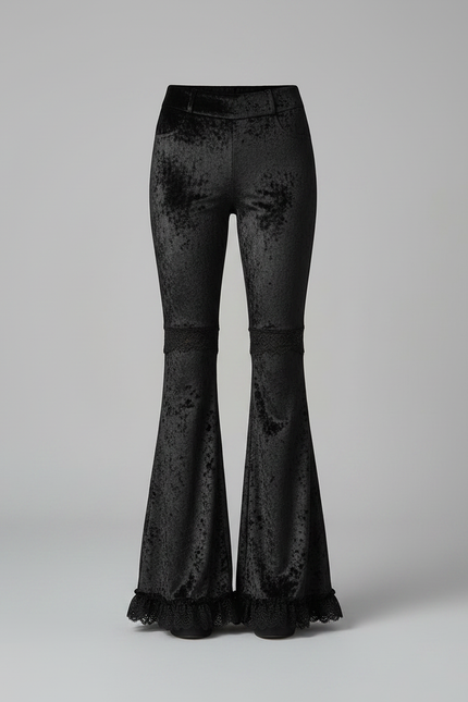 Pantalon Velours Noir Évasé Dentelle Gothique Femme - vue 3