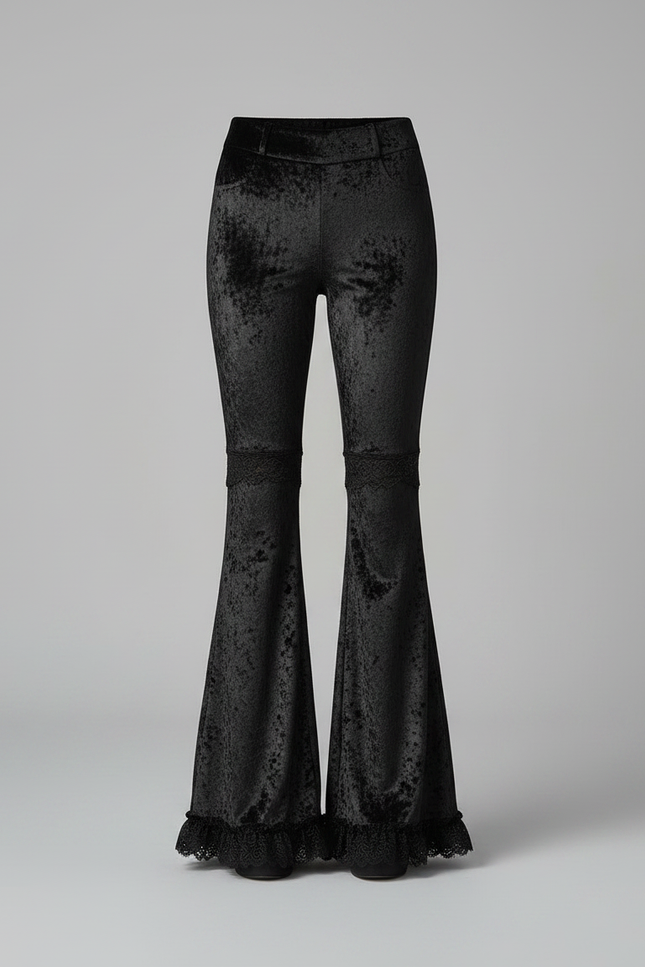 Pantalon Velours Noir Évasé Dentelle Gothique Femme - vue 3