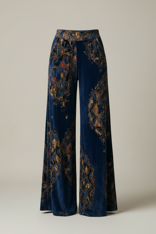 Pantalon Velours Bleu Imprimé Ethnique Large Femme - Marine - vue 3