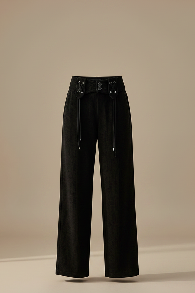 Pantalon Velours Noir Côtelé Ample Décontracté Cordon - Cordé - vue 3
