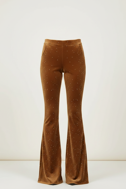 Pantalon Velours Marron Évasé Strass Taille Haute Femme - Camel - vue 3