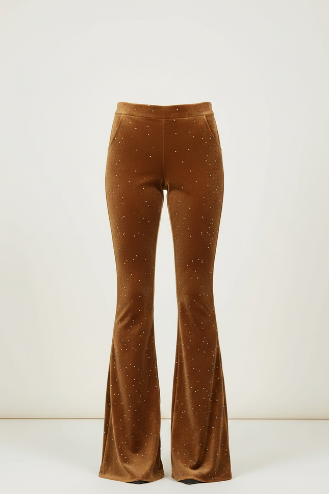 Pantalon Velours Marron Évasé Strass Taille Haute Femme - Camel - vue 3