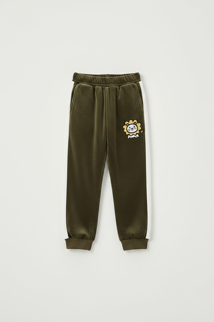 Pantalon Velours Vert Kaki Brodé Lion Enfant - vue 3