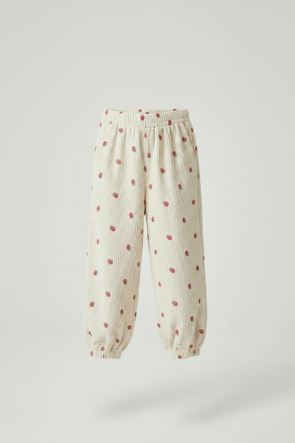 Pantalon Velours Écru Côtelé Ample Fraises Fille - Beige Cordé - vue 3