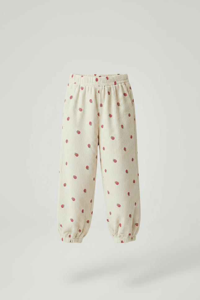 Pantalon Velours Écru Côtelé Ample Fraises Fille - Beige Cordé - vue 3