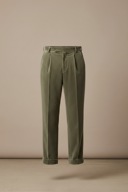 Pantalon Velours Homme Droit Plissé Vert Élégant - Kaki - vue 3