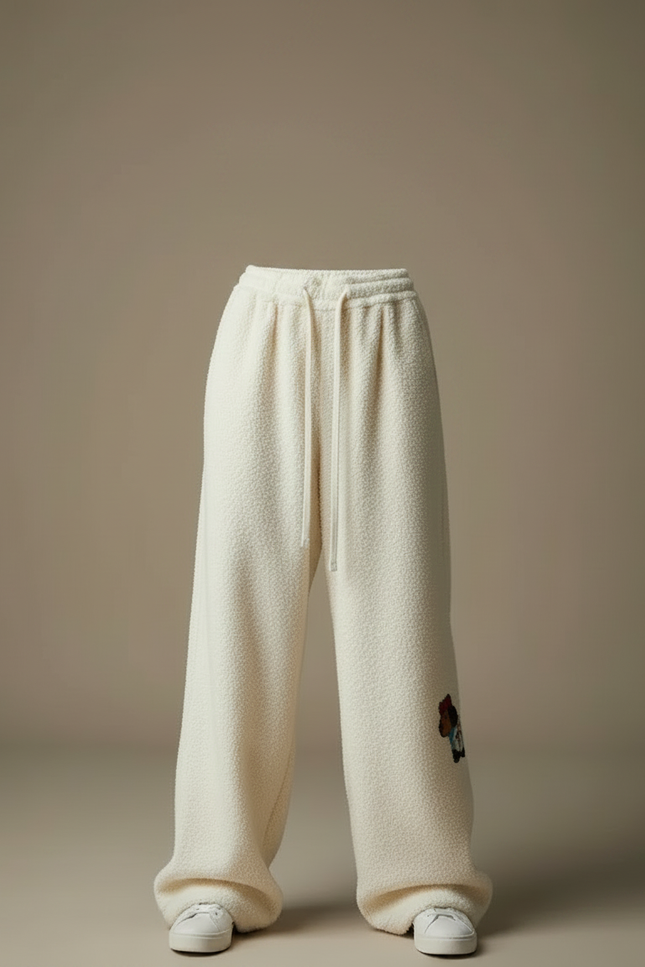 Pantalon Velours Écru Ample Brodé Décontracté Femme - Beige - vue 3
