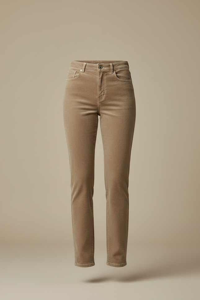 Pantalon Velours Droit Taille Haute Élégant Femme - Camel Cordé - vue 3