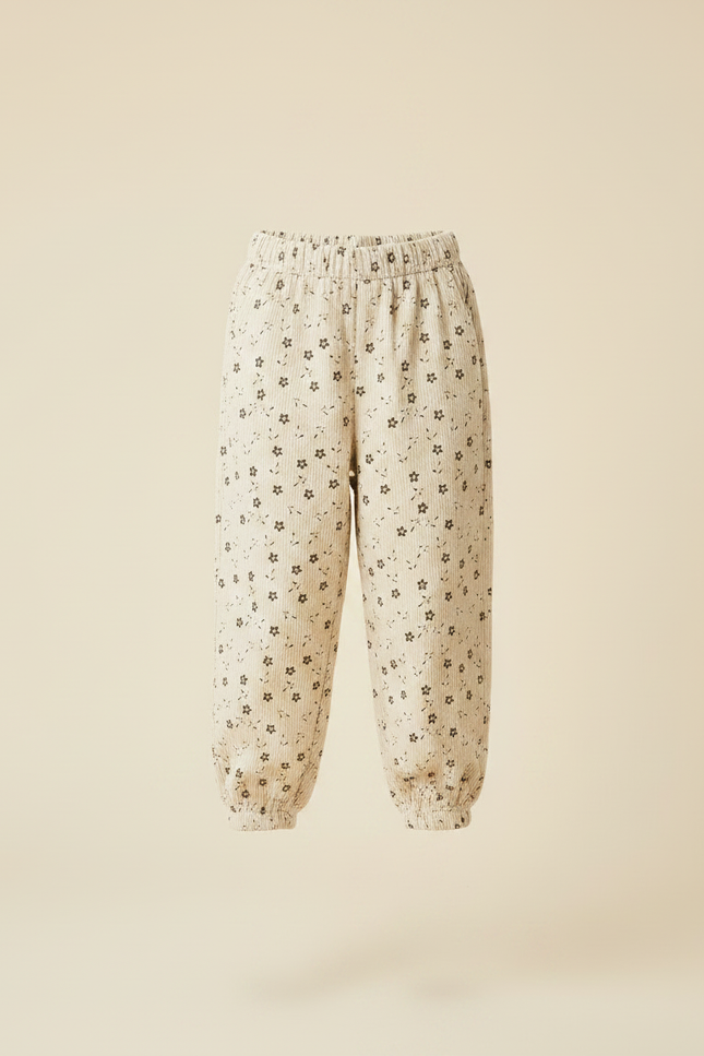 Pantalon Velours Côtelé Écru Imprimé Fleuri Ample Fille - Beige Cordé - vue 3