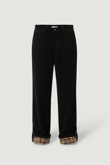 Pantalon Velours Noir Ample Doublé Plaid Homme - Cordé - vue 3