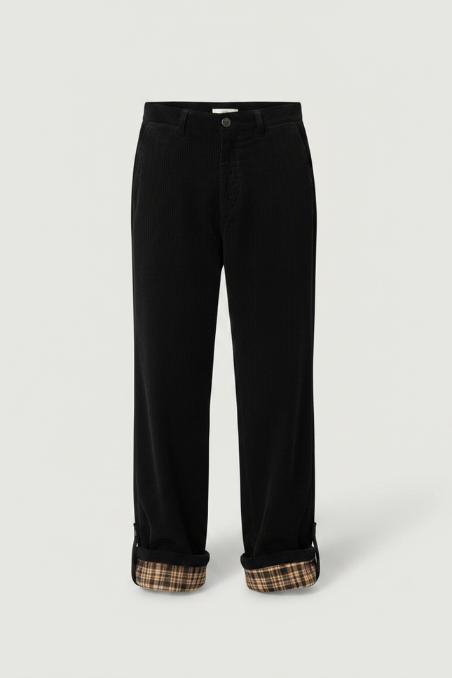 Pantalon Velours Noir Ample Doublé Plaid Homme - Cordé - vue 3
