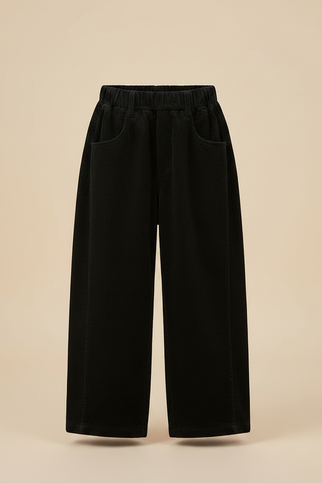 Pantalon Velours Noir Côtelé Ample Décontracté Fille - Cordé - vue 3