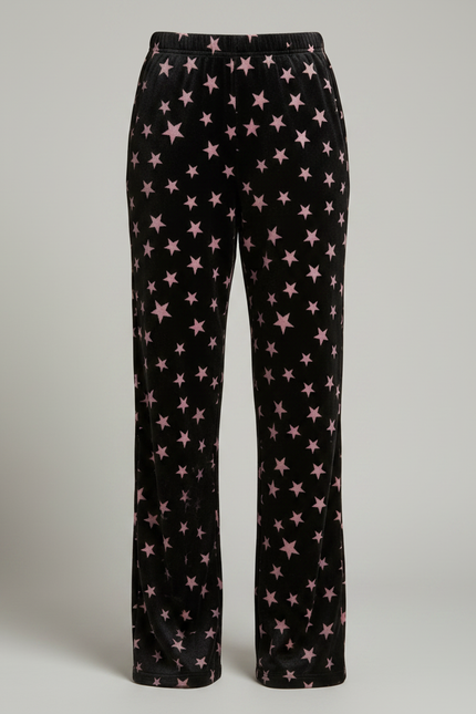 Pantalon Velours Noir Étoiles Roses Ample Femme - vue 3