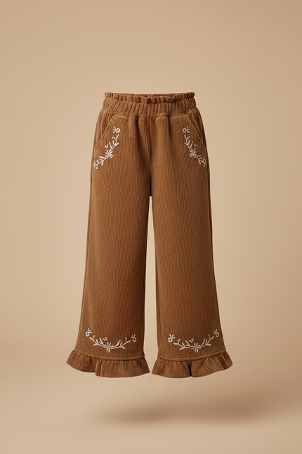 Pantalon Velours Marron Côtelé Ample Brodé Fille - Cordé - vue 3