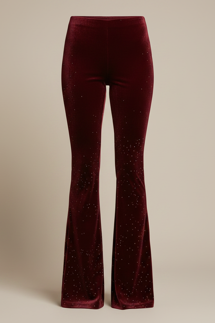 Pantalon Velours Bordeaux Évasé Pailleté Élégant Femme - vue 3