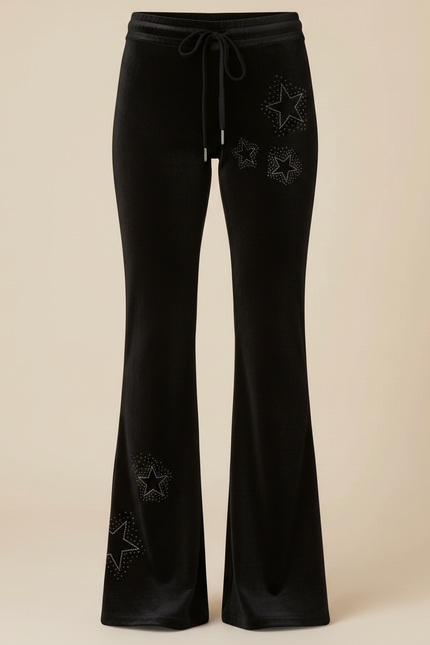 Pantalon Velours Noir Évasé Étoiles Strass Femme - vue 3