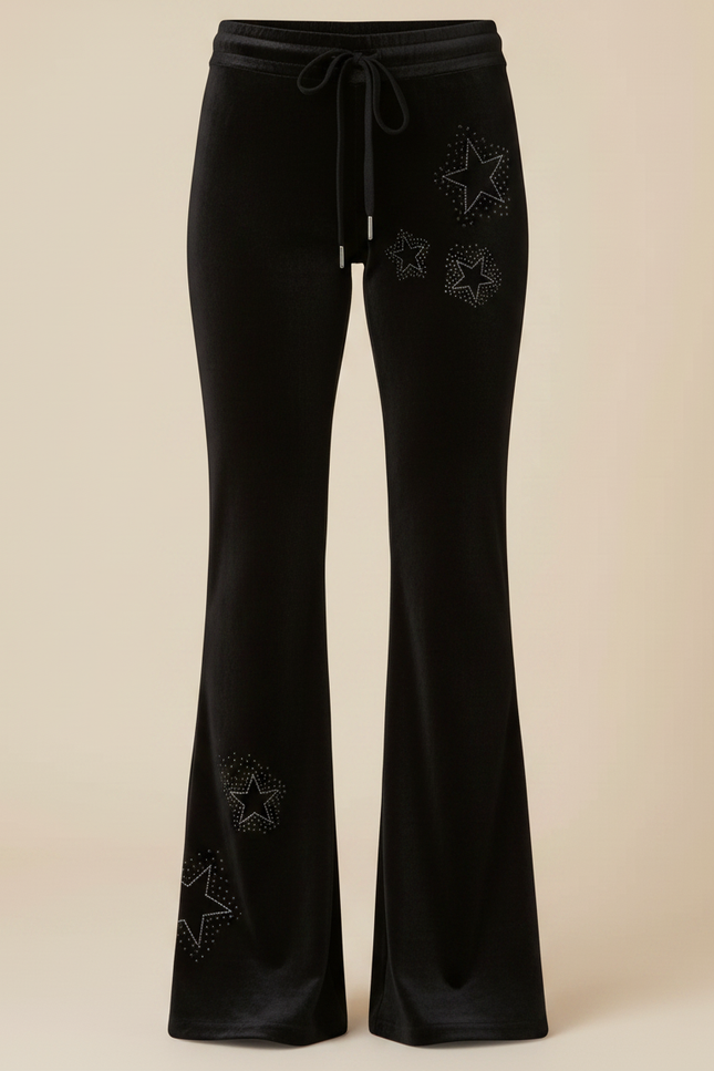 Pantalon Velours Noir Évasé Étoiles Strass Femme - vue 3