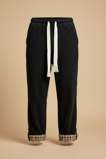 Pantalon Velours Côtelé Noir Large Plaid Homme - Cordé - vue 3