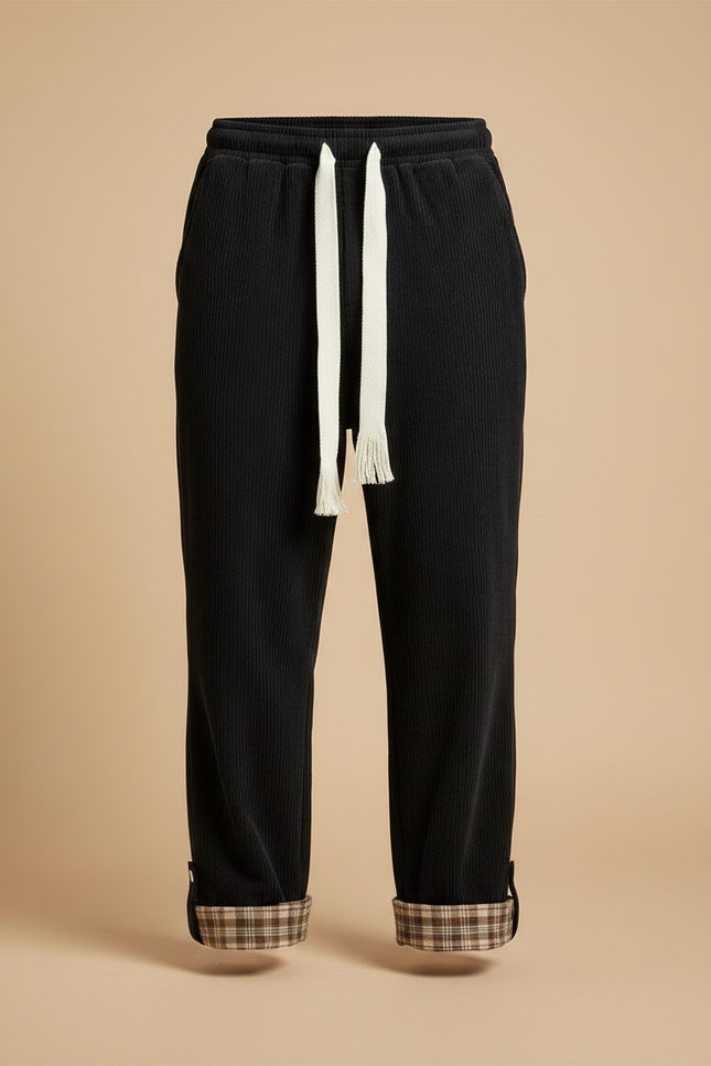 Pantalon Velours Côtelé Noir Large Plaid Homme - Cordé - vue 3
