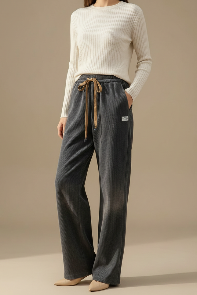 Pantalon Velours Gris Côtelé Droit Ample Décontracté Femme - Cordé - vue 3
