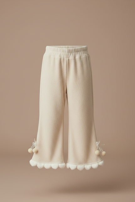 Pantalon Velours Écru Évasé Pompons Fille - Beige Cordé - vue 3