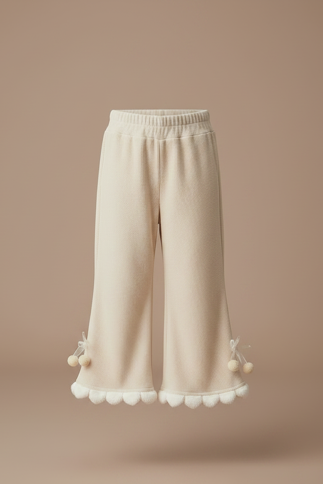 Pantalon Velours Écru Évasé Pompons Fille - Beige Cordé - vue 3