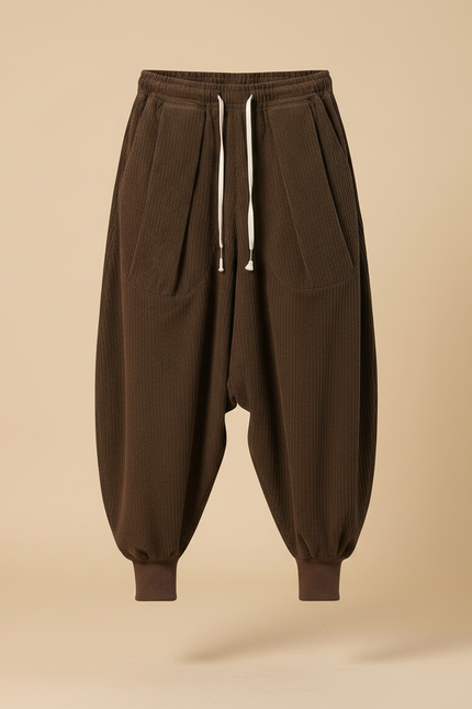 Pantalon Velours Marron Côtelé Ample Décontracté Harem - Cordé - vue 3
