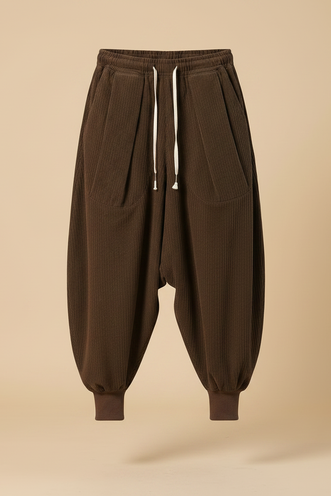 Pantalon Velours Marron Côtelé Ample Décontracté Harem - Cordé - vue 3