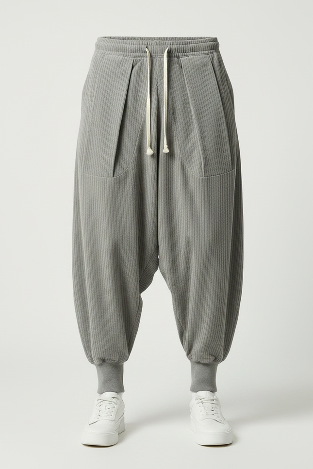 Pantalon Velours Côtelé Gris Ample Confortable Harem - Cordé - vue 3