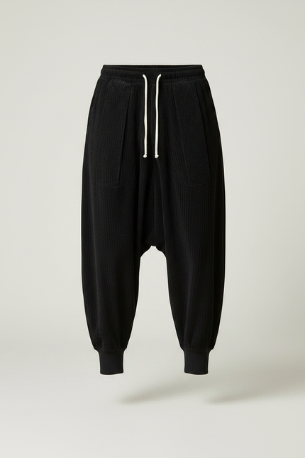 Pantalon Velours Noir Côtelé Ample Décontracté Harem - Cordé - vue 3
