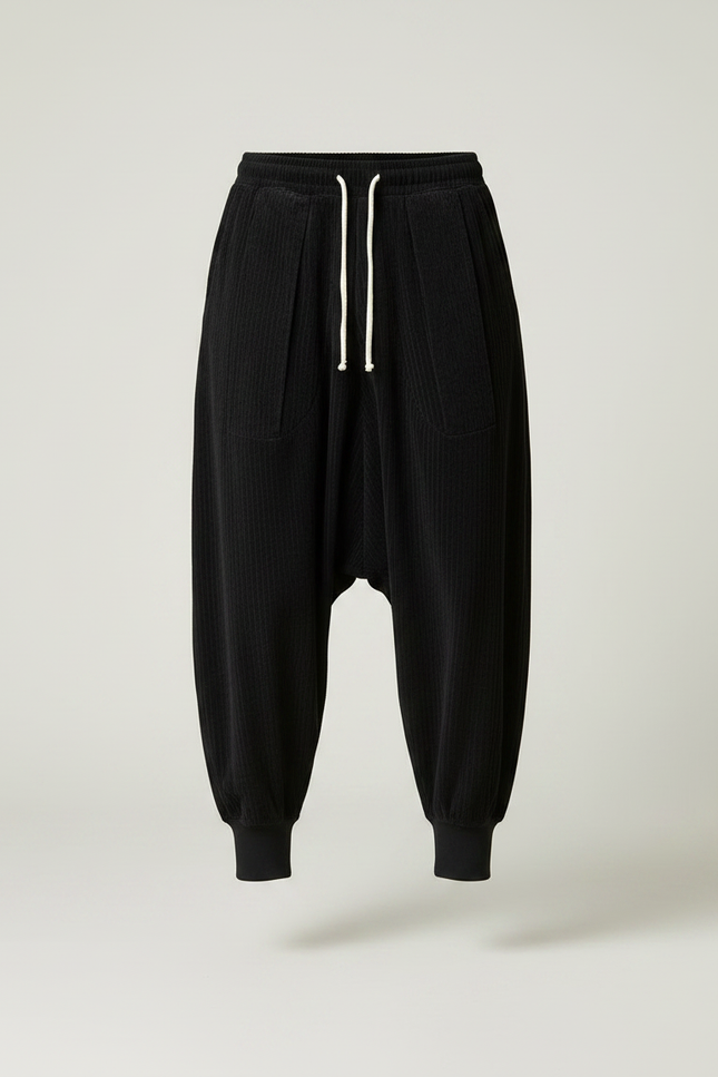 Pantalon Velours Noir Côtelé Ample Décontracté Harem - Cordé - vue 3