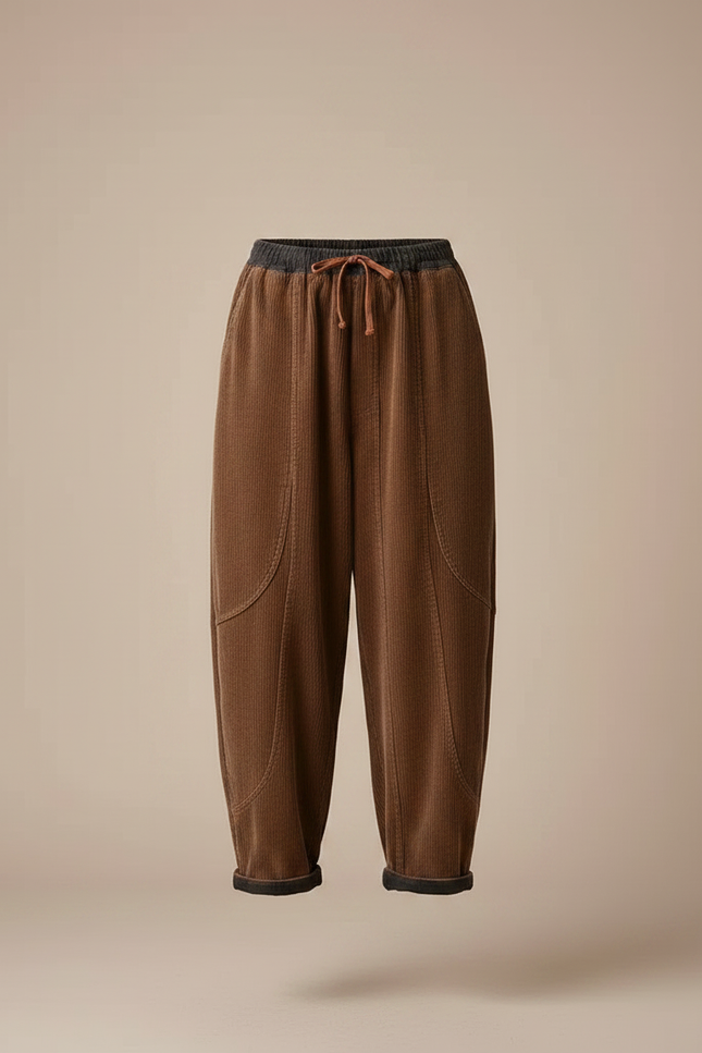 Pantalon Velours Côtelé Marron Ample Décontracté Cordon - Cordé - vue 3