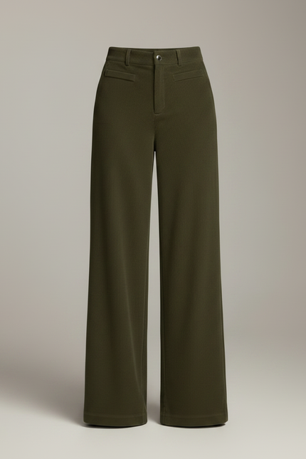 Pantalon Velours Vert Côtelé Large Ample Élégant - Kaki Cordé - vue 3