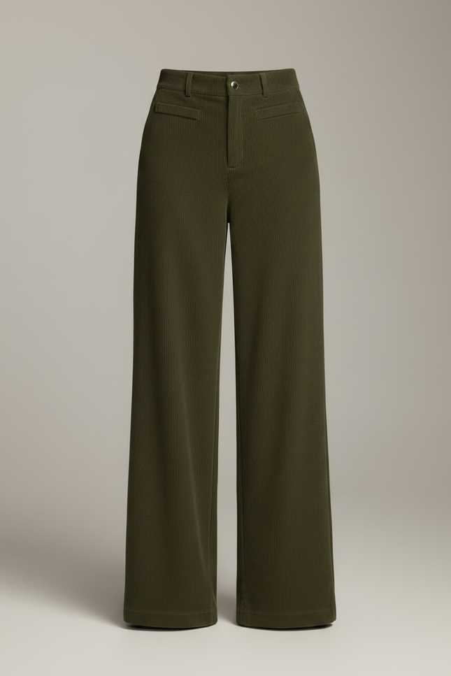 Pantalon Velours Vert Côtelé Large Ample Élégant - Kaki Cordé - vue 3