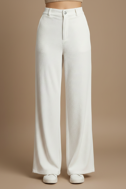 Pantalon Velours Côtelé Blanc Ample Taille Haute - Cordé - vue 3