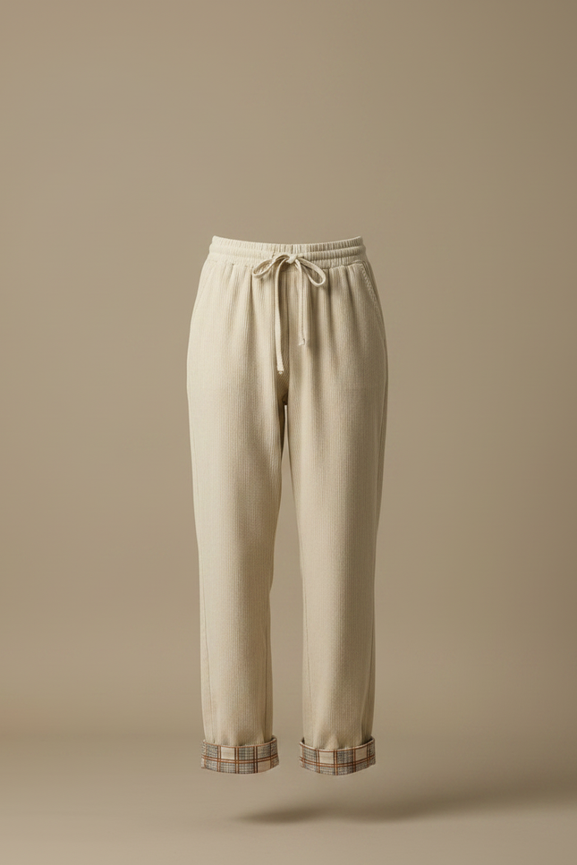 Pantalon Velours Crème Côtelé Droit Plaid Décontracté Femme - Beige - vue 3