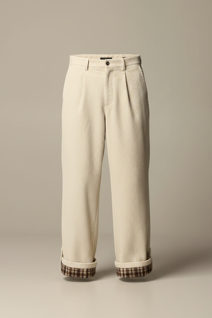 Pantalon Velours Beige Côtelé Ample Doublé Plaid Homme - vue 3