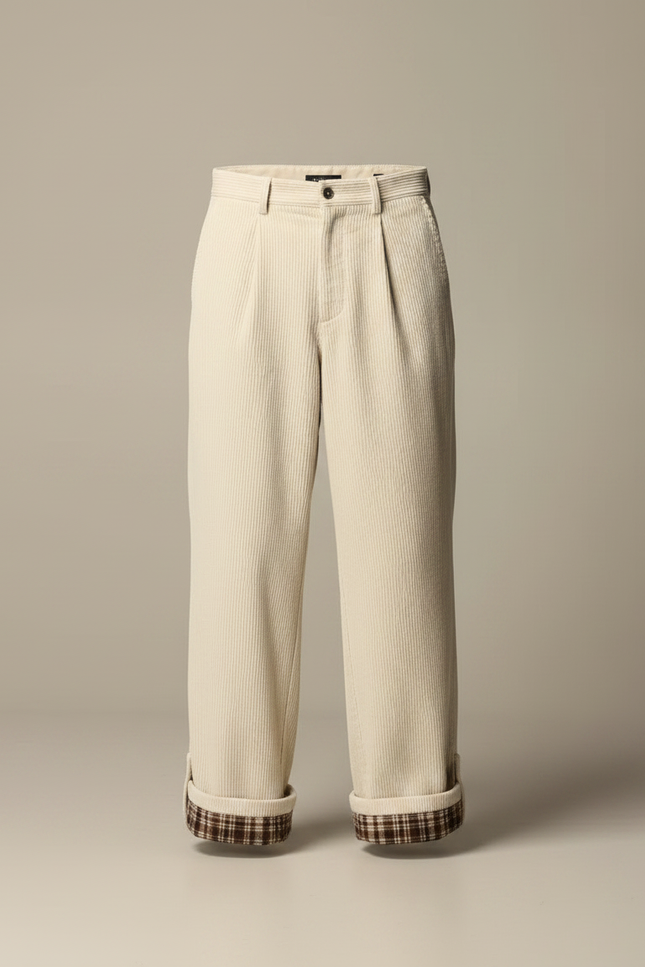 Pantalon Velours Beige Côtelé Ample Doublé Plaid Homme - vue 3