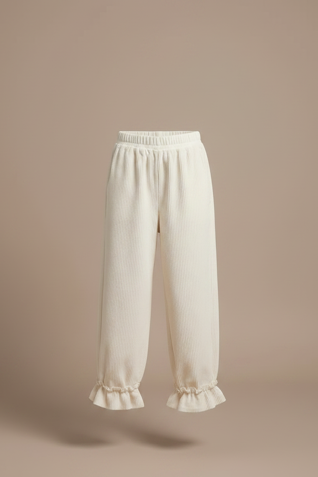 Pantalon Velours Crème Côtelé Ample Volants Fille - Beige Cordé - vue 3