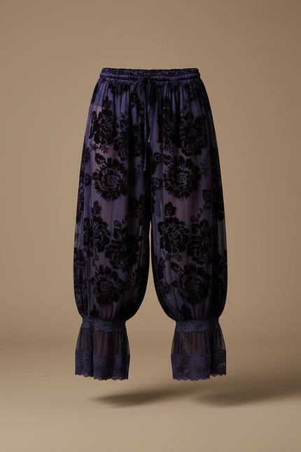 Pantalon Velours Violet Transparent Floral Évasé Dentelle - vue 3