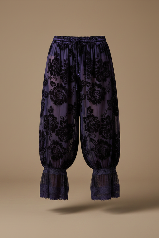 Pantalon Velours Violet Transparent Floral Évasé Dentelle - vue 3