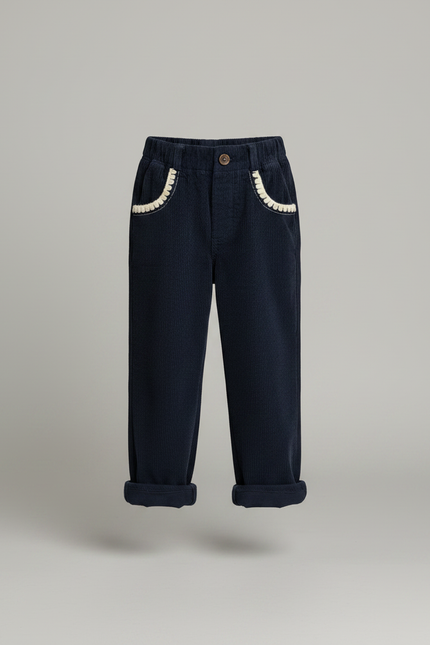 Pantalon Velours Côtelé Bleu Marine Ample Fille Hiver - Cordé - vue 3