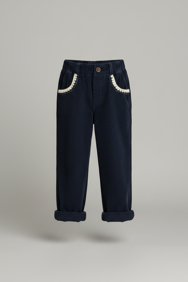 Pantalon Velours Côtelé Bleu Marine Ample Fille Hiver - Cordé - vue 3