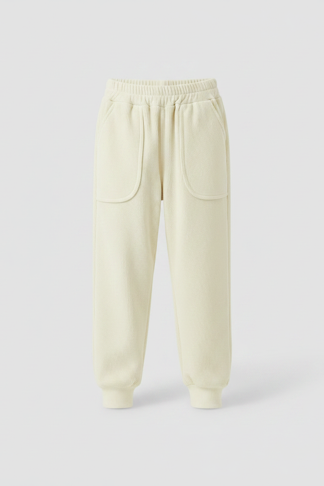 Pantalon Velours Crème Côtelé Ample Élastique Enfant - Beige Cordé - vue 3