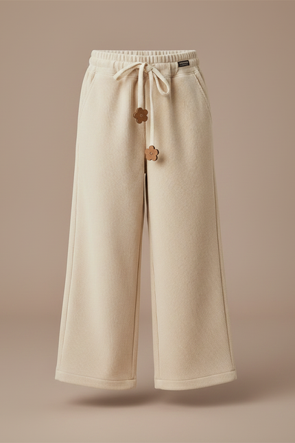 Pantalon Velours Côtelé Écru Ample Fille Décontracté - Beige Cordé - vue 3