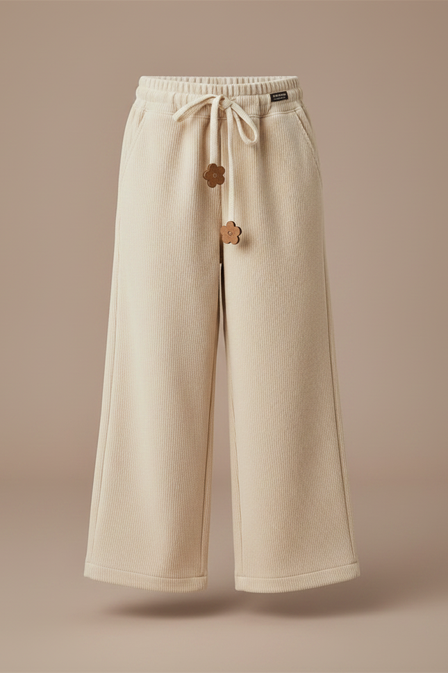 Pantalon Velours Côtelé Écru Ample Fille Décontracté - Beige Cordé - vue 3
