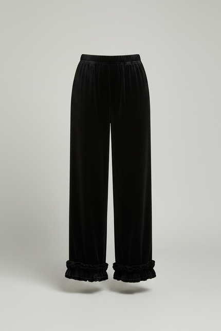 Pantalon Velours Noir Ample Volants Fluide Femme - vue 3