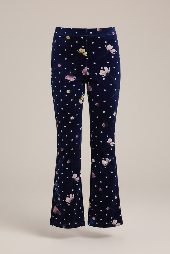 Pantalon Velours Bleu Marine Imprimé Fleurs Évasé Fille - vue 3