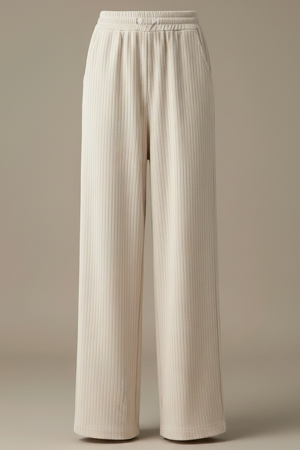 Pantalon Velours Côtelé Écru Taille Haute Large Femme - Beige Cordé - vue 3